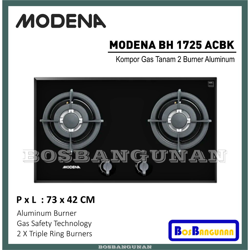 Kompor Tanam Gas MODENA BH1725ACBK  / Kompor Gas 2 Tungku MODENA BH 1725 ACBK / Kompor MODENA BH 172