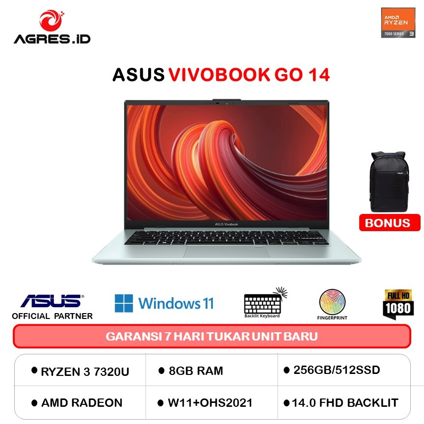 ASUS VIVOBOOK GO 14 E1404FA RYZEN 3 7320 8GB 256GB 512GB RADEON 610M W11+OHS 14.0FHD GRN GRY -FHD322