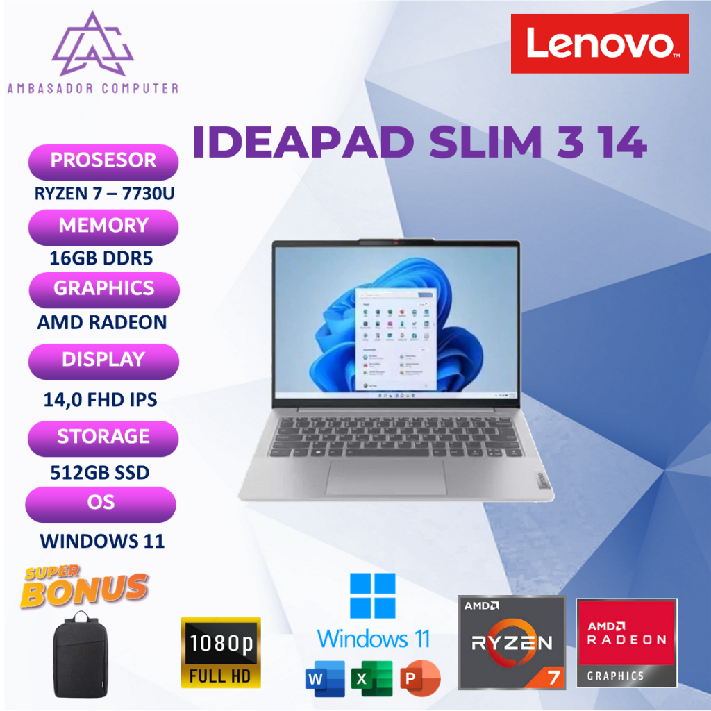 Lenovo Ideapad Slim 3 14 Ryzen 7 7730U 16GB 512GB Windows11+OHS Full HD IPS