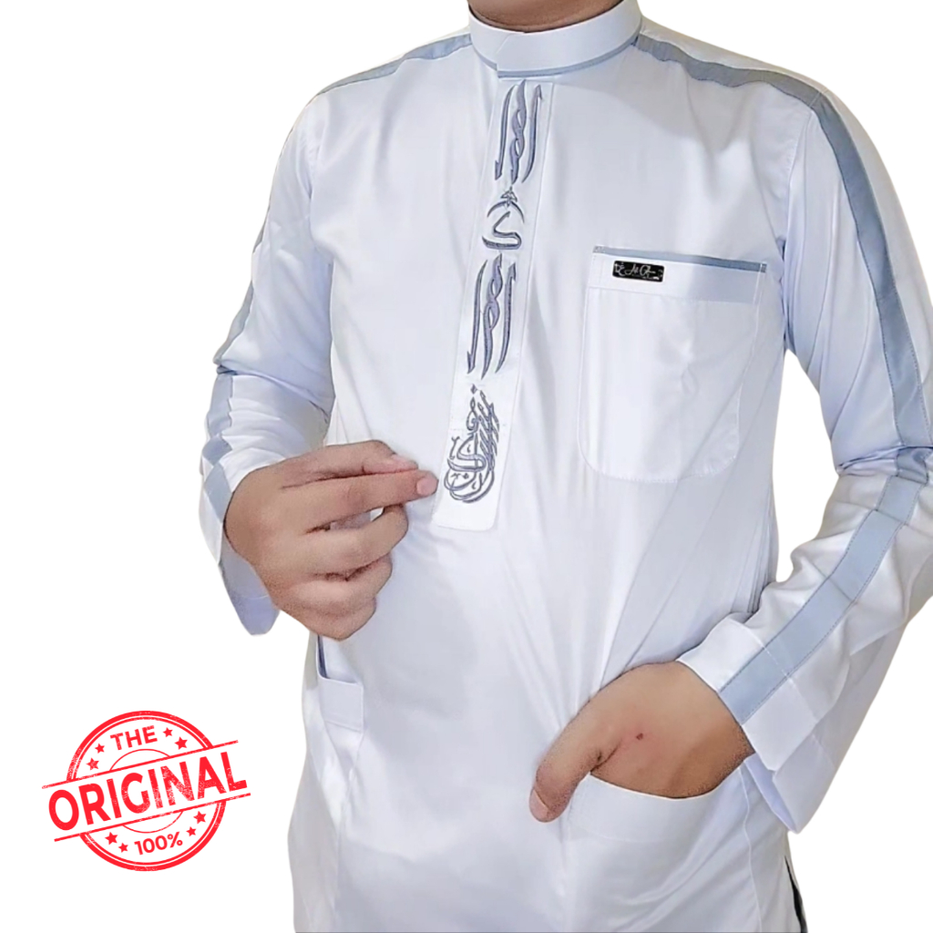 Baju koko Putih Bordir Original Saudi Polyester Import lengan panjang les tangan Abu / Baju Pria Mus