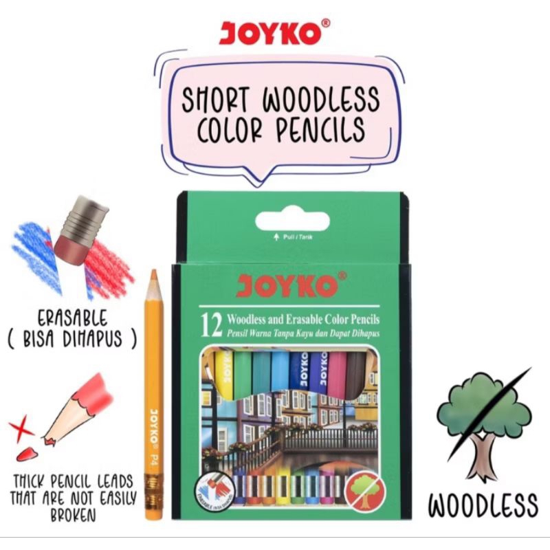

WOODLESS AND ERASABLE COLOR PENCIL/PENSIL WARNA+PENGHAPUS JOYKO CP-120 PENDEK/CP-109 PANJANG