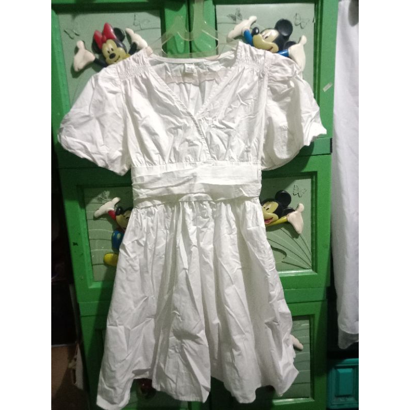 dress putih shien ruched puff sleeve flare