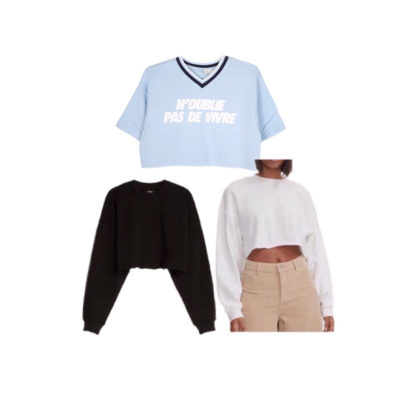 BERSHKA NEW BLACK BLUE CROP TOP WHITE SWEATER SWEATSHIRT CREWNECK UNFINISHED SALE