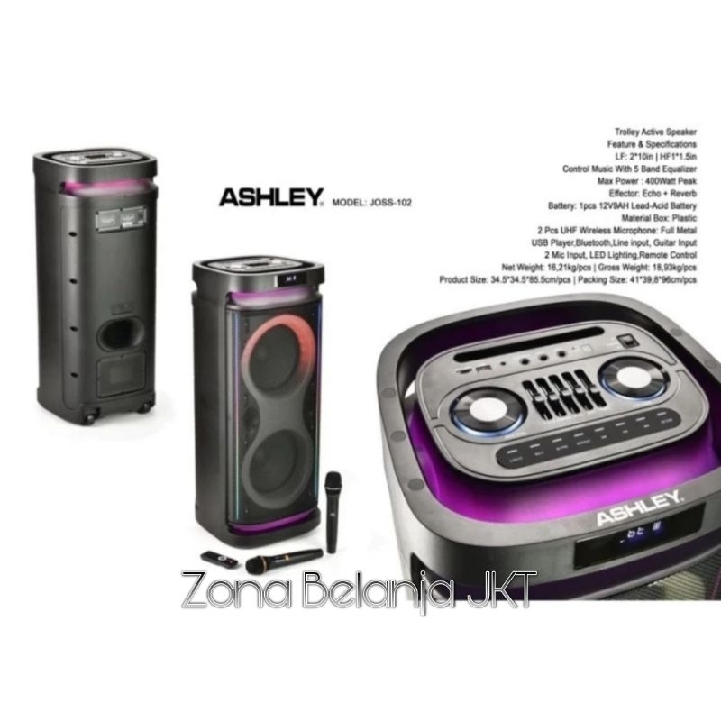 SPEAKER PORTABLE PARTYBOX ASHLEY JOSS 102 2 X 10 INCH DOUBLE RECHARGEABLE 2 MIC WIRELESS MURAH BERKU