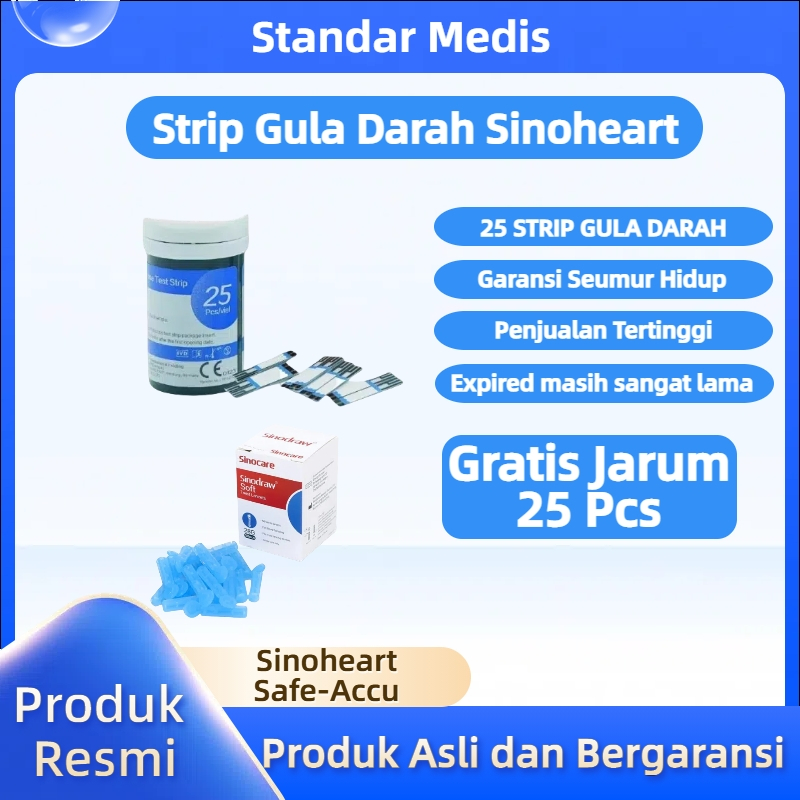 Sinocare/Sinoheart Safe Accu Strip Uji Gula Darah (25 Strip) Strip Uji Gula Darah BONUS JARUM