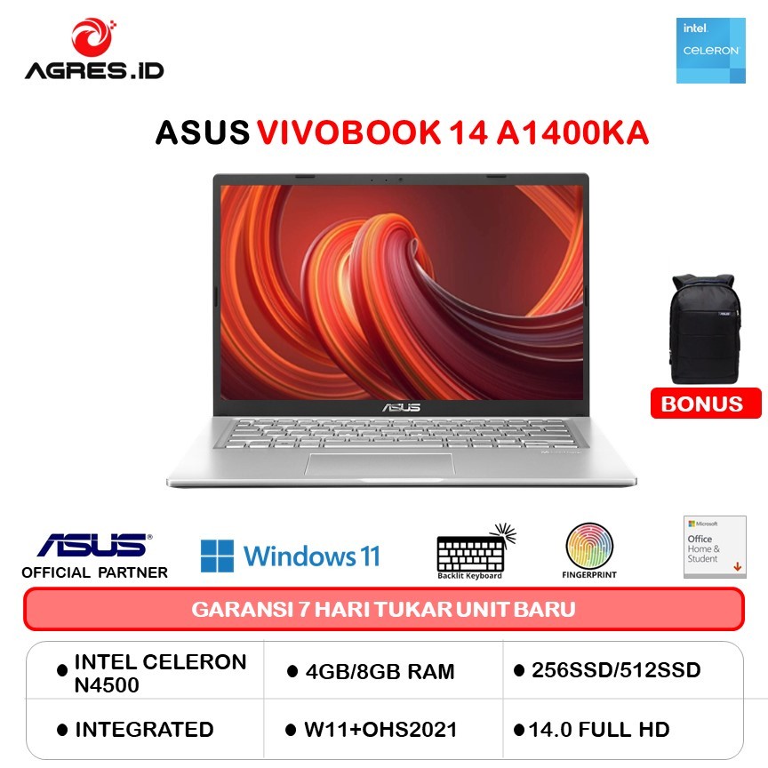 ASUS VIVOBOOK 14 A1400KA FHD4510 N4500 8GB 512SSD W11+OHS 14.0FHD BLIT SLV