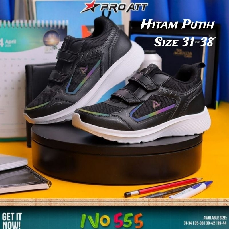 PRO ATT Sepatu Sekolah Anak Cowok Cewek Hitam Putih Perekat Tempel Tanpa Tali