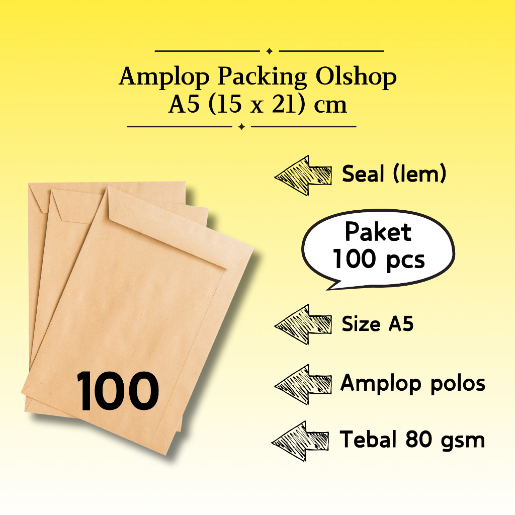 

100 Pcs Potrait - Amplop Packaging Kraft Potrait Amplop Klasik Coklat Polos Seal (Pakai Lem) A5 (15 x 21 cm)