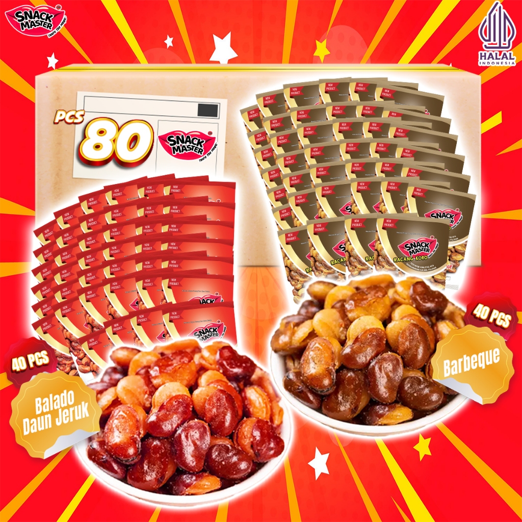 

[PAKET RESELLER HEMAT] KACANG KORO KULIT 1 DUS Isi 80Pcs [ 20g X 80 PCS ] Snacks Rasa Balado Pedas Daun Jeruk , Barbeque Gurih (BBQ) Garlic Renyah - SNACK MASTER / Cemilan / Jajanan Camilan Makanan Food