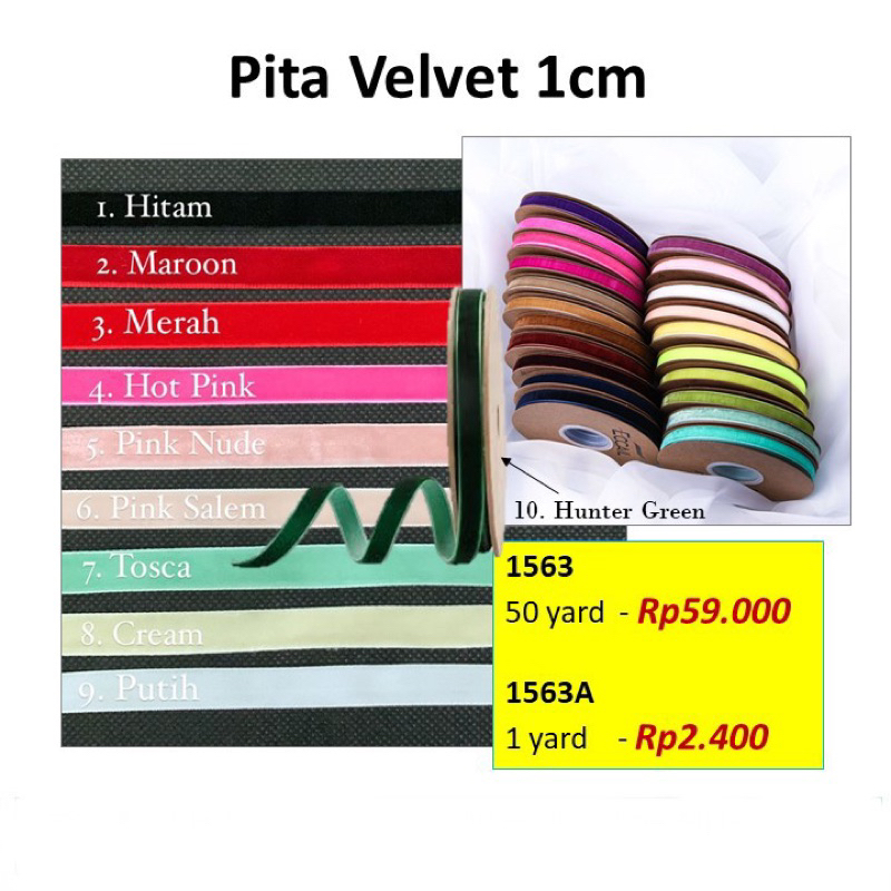 

Pita Velvet 1 cm Pita Beludru 3/8 inch Velvet Ribbon Premium Beludru Kode 1563 Panjang 50 yard