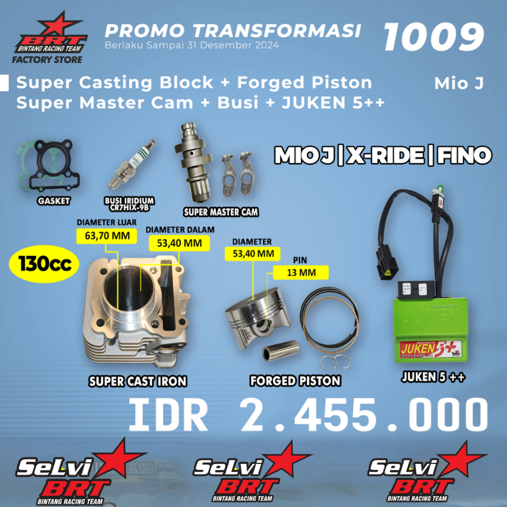 PAKET BLOK BRT CASTING IRON BOREUP 130CC 155CC MIO J XRIDE FINO HEMAT 3 BLOK PISTON FORGED NOKEN AS 
