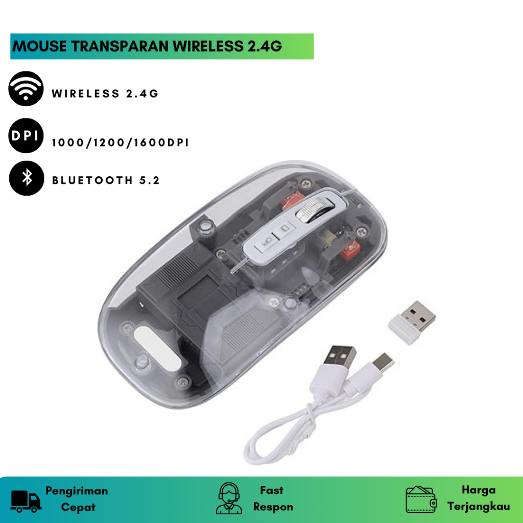 Mouse Transparan Wireless 2.4G Bluetooth 5.2 Mouse Silent Mouse Transparan