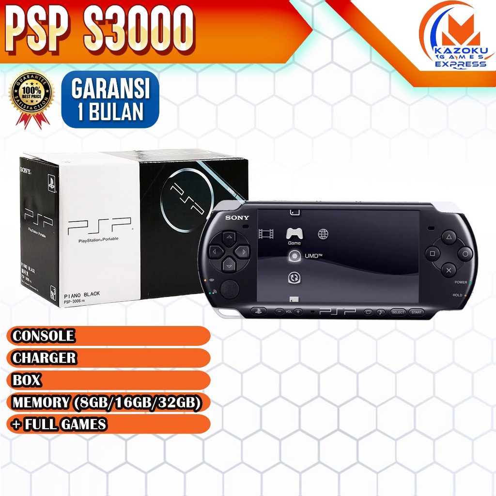 PSP Sony Second Hen 3000 / 2000 / 1000 - Konsol Game Genggam 8 GB / 16GB / 32GB Like New Full Game G