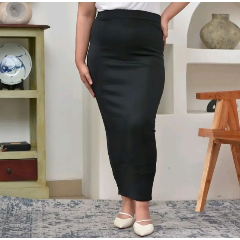 Rok Span Jumbo Panjang | Rok Kerja Wanita Muat BB 70-90kg | Bahan Scuba Premium