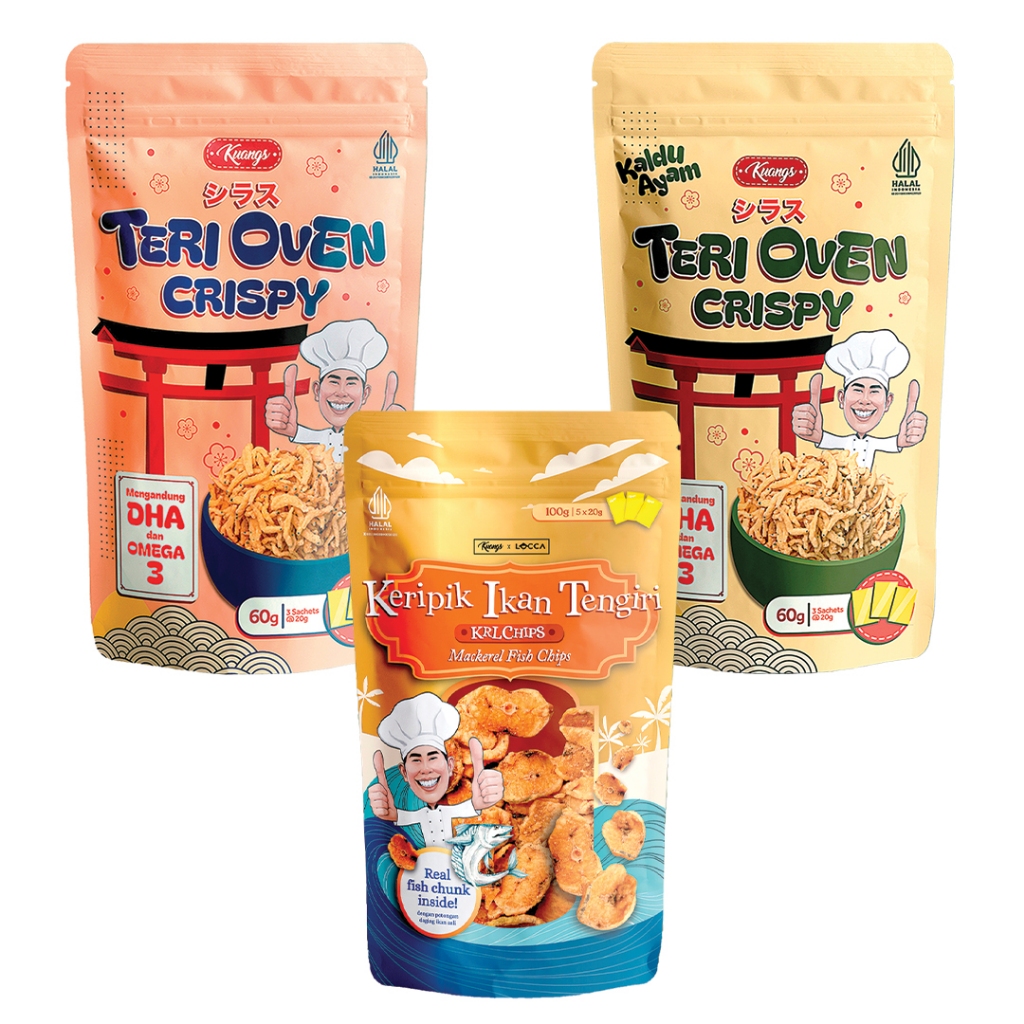 

[TRIPLE PACK FISH BUNDLE] Kuangs Teri Crispy Oven Shirasu Rasa Original, Kaldu Ayam & Kuangs Keripik Ikan Tenggiri (Mackerel Chips)