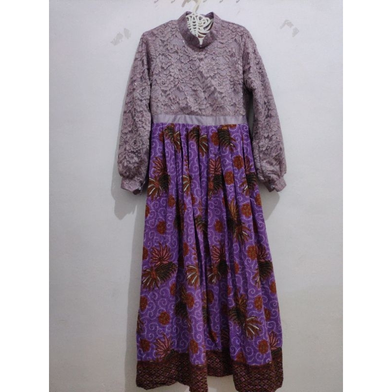 Dress Gamis Kebaya Batik Gaun Pesta Brukat Ungu Lilac Gliter Tangan Baloon Kondangan Perpisahan Wisu