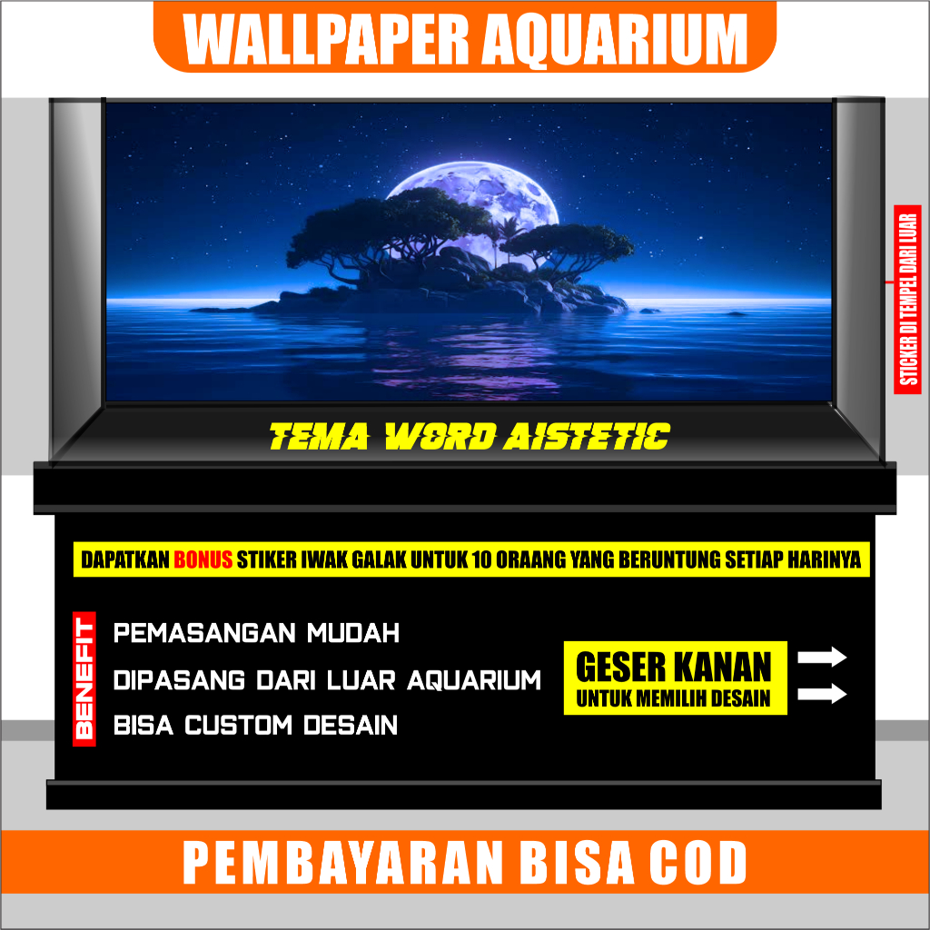 sticker aquarium, background aquarium 3d, wallpaper aquarium belakang 3d moon, bulan, langit,world