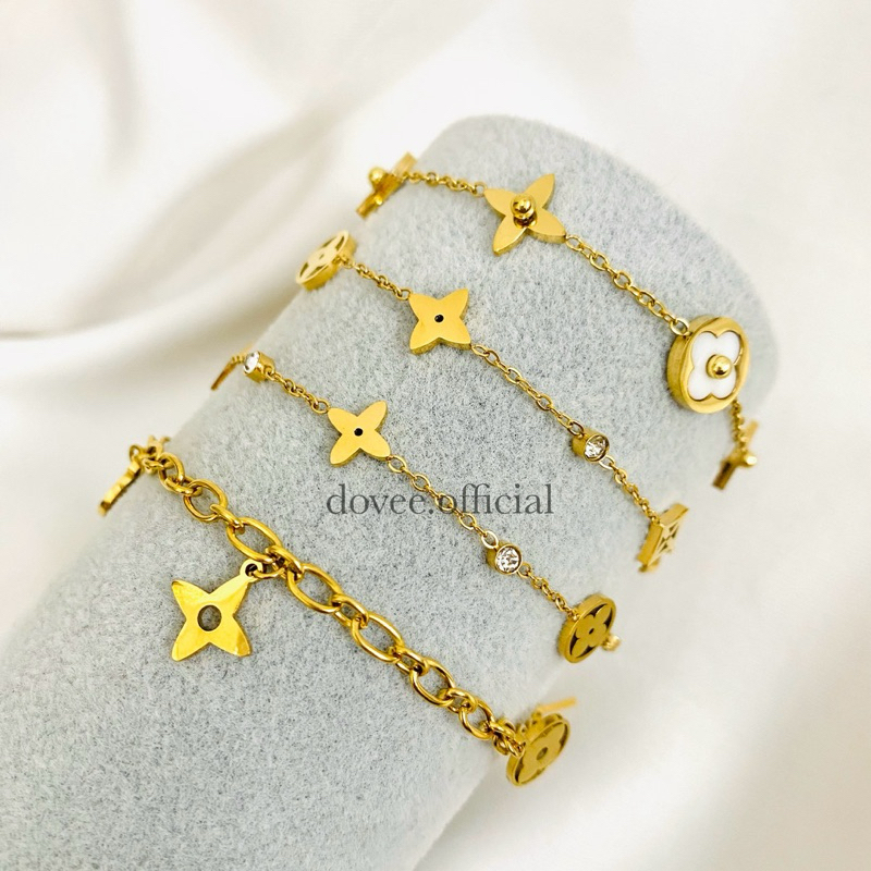 TITANIUM LV Clover Bracelet | gelang wanita semanggi putih elegan gold silver - stainless steel lapi