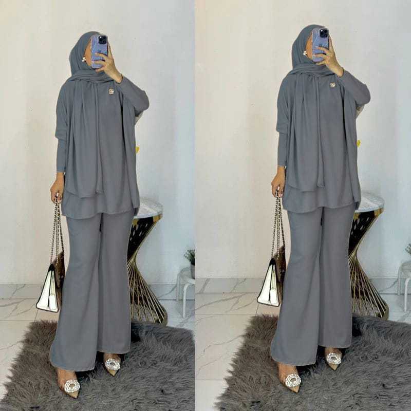 3IN1 SETELAN + PASHMINA  PRITA SET HIJAB KNIT FIT TO XL CELANA CUTBRAY // SETELAN POLOS TUNIK // ONE