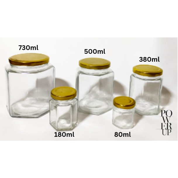 Botol Kaca Segi Enam Tutup Gold Jar Bening 80ml | 180ml | 280ml | 380ml | 500ml | 730ml