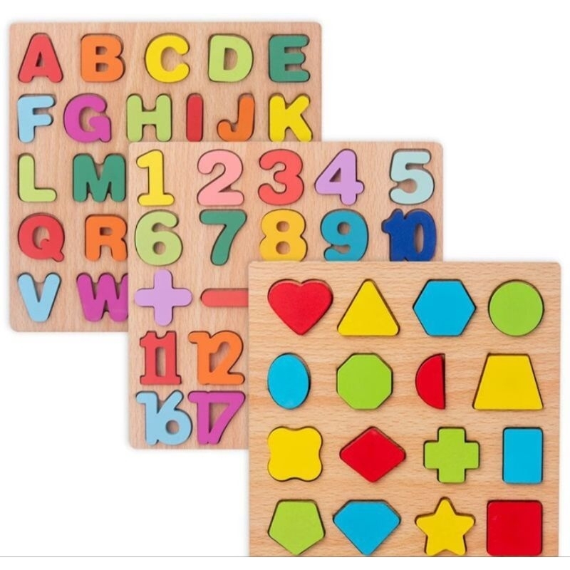 

Mainan Puzzle Kayu Edukasi Anak Huruf Angka Bentuk