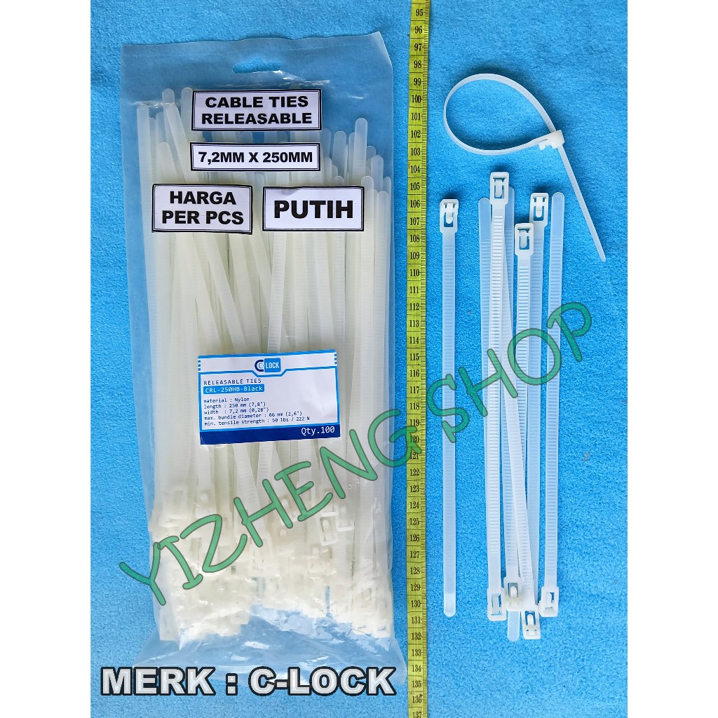 

CABLE Ties RELEASABLE 7,2MM X 250MM C-LOCK PUTIH PER 2 PCS