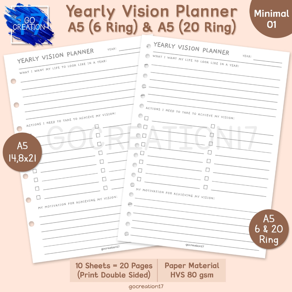 

Buku Planner Kertas Isi Binder Yearly Vision Plan Simple Minimalis A5