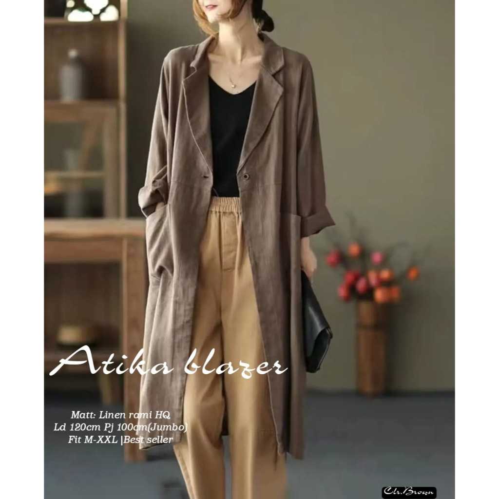 Atika Long Blazer Atasan Outer Wanita Jumbo Ld 120 Big Size XXL Premium Linen Rami