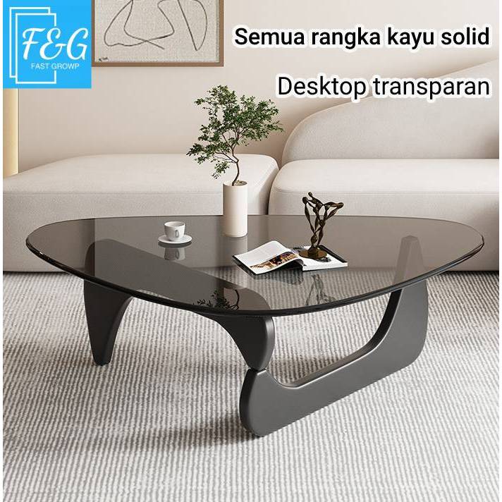 F&G Meja kopi kaca Meja kopi kayu solid Meja kopi transparan Meja Coffee kaca Bulat gaya modern meja