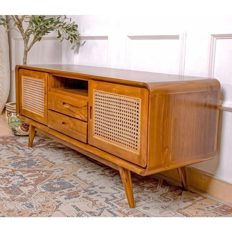 Meja TV Rak Kabinet Lemari Buffet – Pintu Rotan 2 Laci untuk Desain Modern