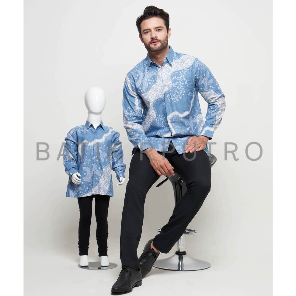 KODE T29E Kemeja Batik Couple Ayah Anak Baby Blue Batik Pria Warna Baby Blue Batik Pria Ice Blue Bat