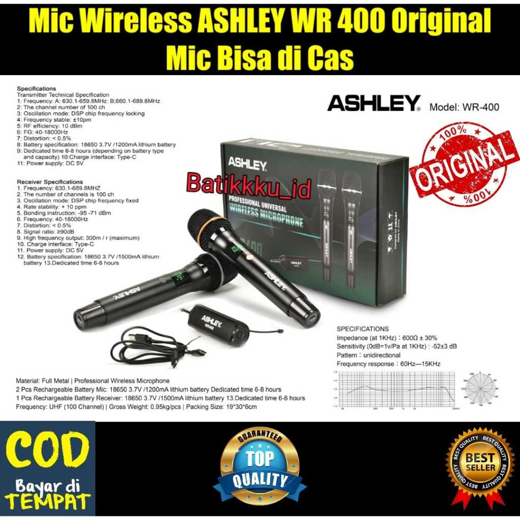 Mic Wireless ASHLEY WR 400 WR400 Original Rechargeable  Recas Mic