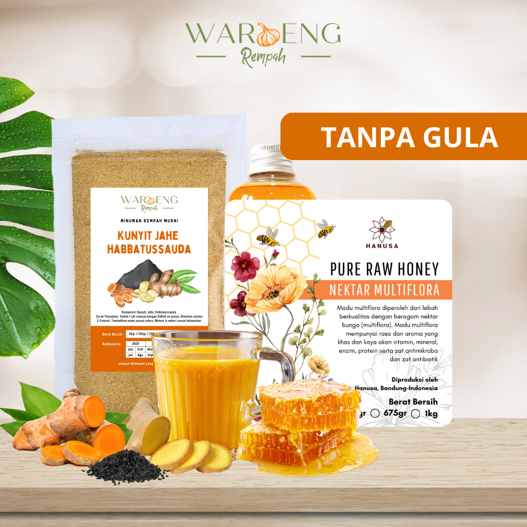 

Paket Wedang Madu / Kunyit Jahe Sereh Lengkuas Habbatussauda Daun Kelor Moringa Stevia / Waroeng