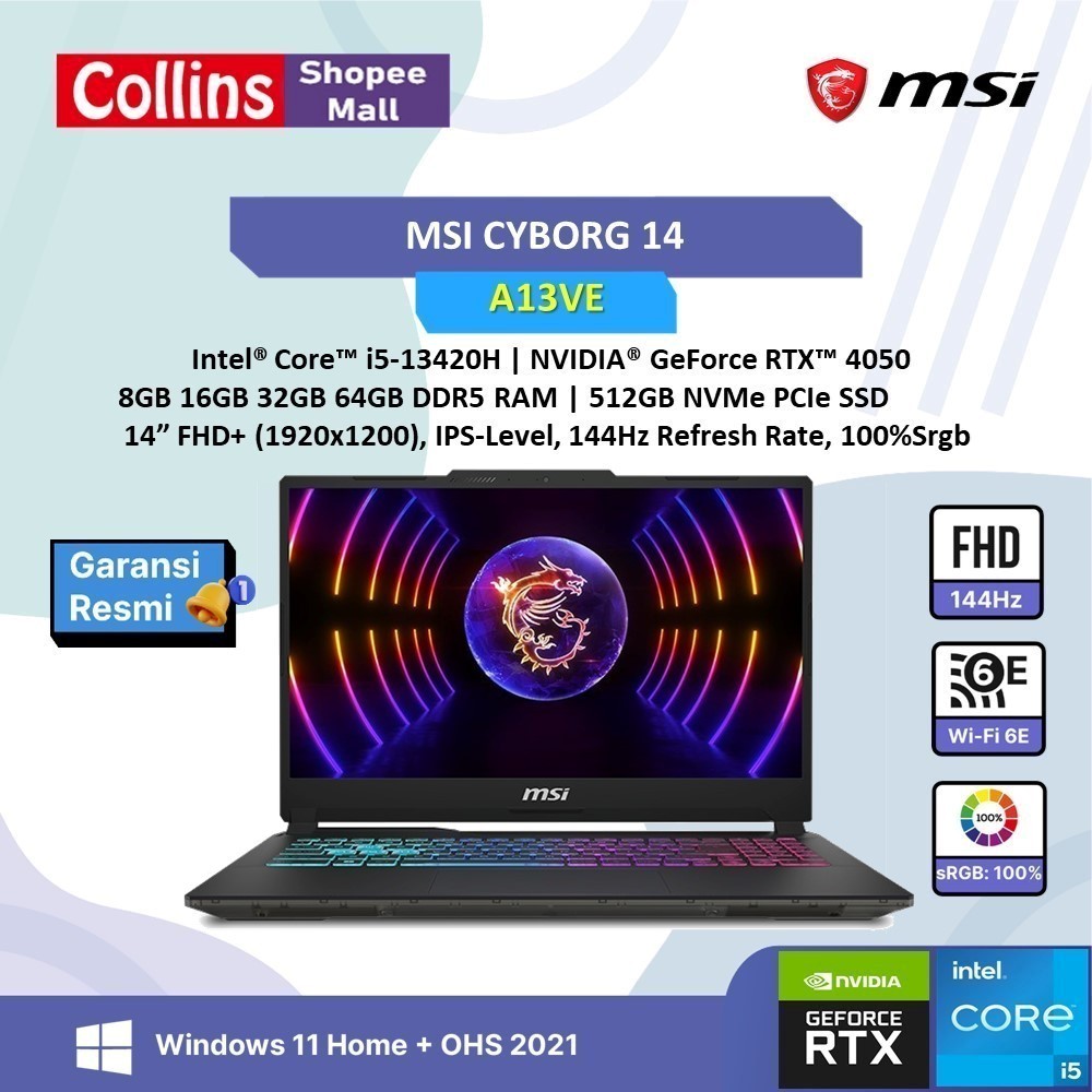 MSI CYBORG 14 I5 13420H RTX4050 6GB/ 8GB 512GB W11+OHS 14.0FHD+ 144HZ 100SRGB