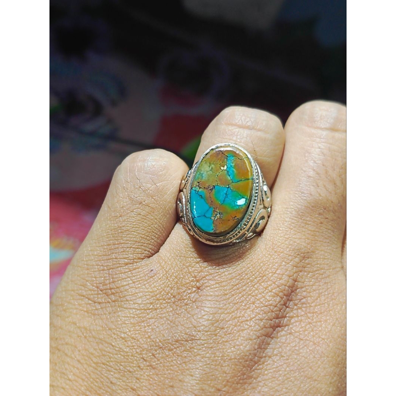 cincin batu natural pirus hubei dwi warna antik
