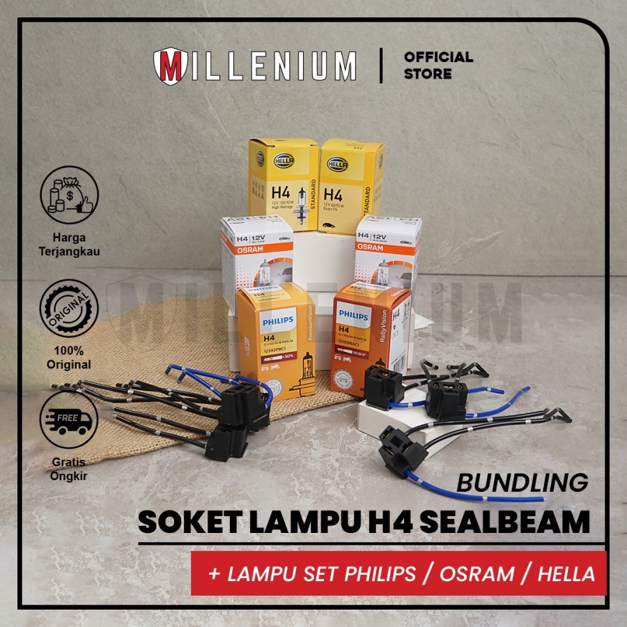 Soket Sealbeam Female Lampu H4 Sealbeam dengan Bohlam Halogen H4 60/55w 100/90w 12v PHILIPS HELLA OS