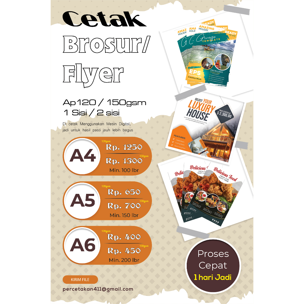 

Cetak Brosur / Flyer A4, A5, A6 - Art Paper 150 gsm / 120 gsm - Cetak Full Color