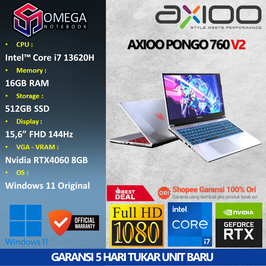 Axioo Pongo 760 V2 i7 13620H 16GB 512GB RTX4060 8GB 15,6 FHD Windows 11