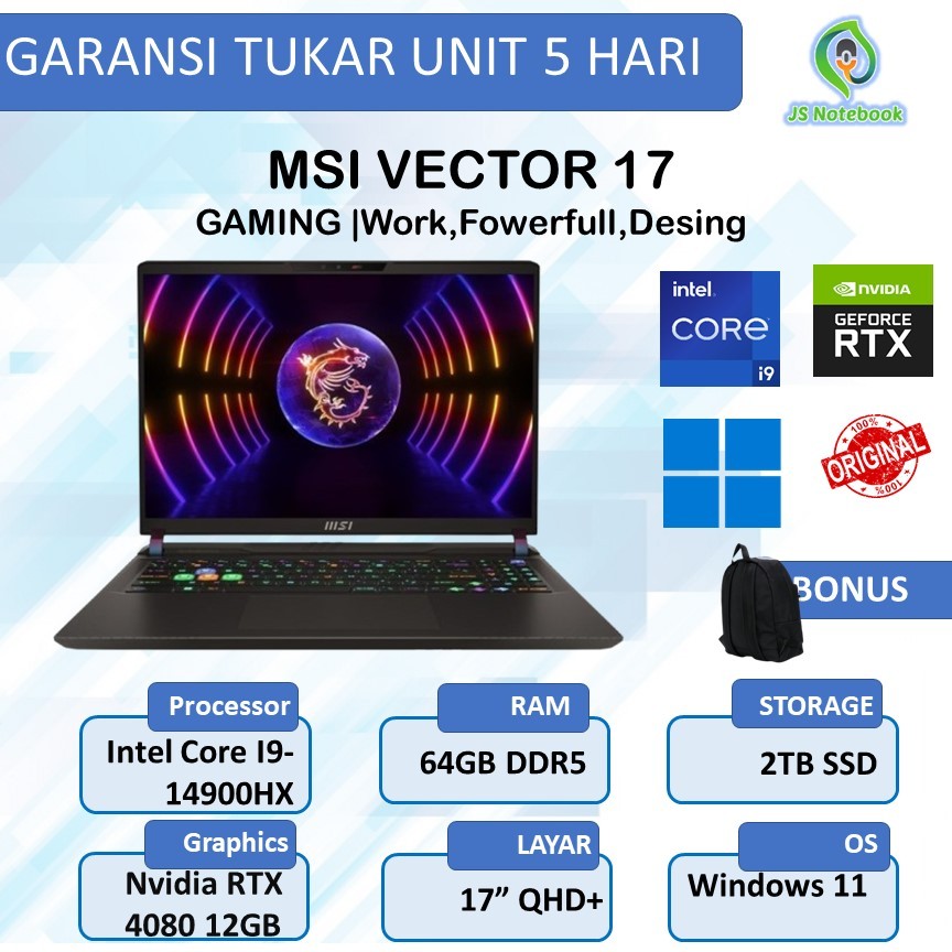 MSI VECTOR 17 I9 14900HX RTX4080 12GB/ 64GB 2TB W11+OHS 17.0QHD+ IPS 240HZ 100DCIP3 PKRGB 3Y GRY