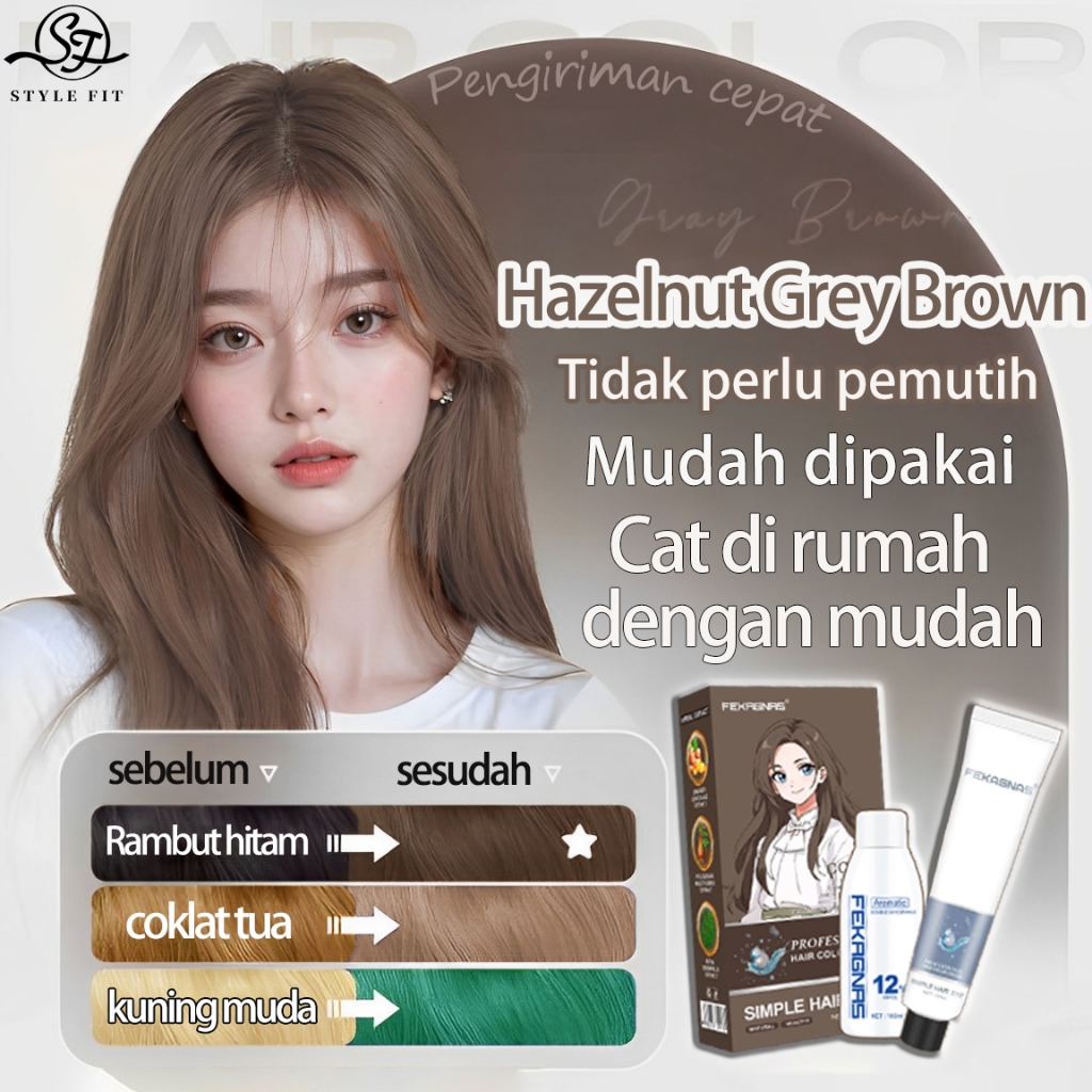 ❤Tidak perlu pemutih❤STYLE FIT cat rambut Hazelnut Grey Brown* 200ML Mudah diwarnai,menutup uban(bre