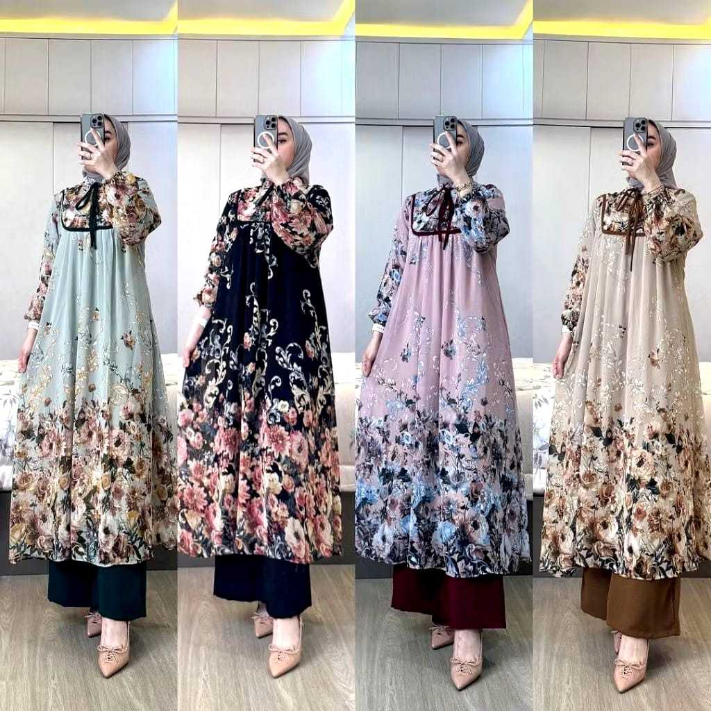 DREANA STORE - Setelan Tunik Wanita Kekinian One Set Yarra Ceruty Digital Printing Motif Bunga Mix C