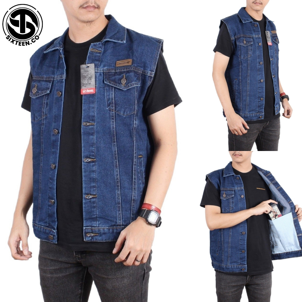 SIXTEEN - Rompi Jeans Jumbo Pria Body Vest Casual / Jaket Rompi Kerah Denim Terbaru M L XL XXL