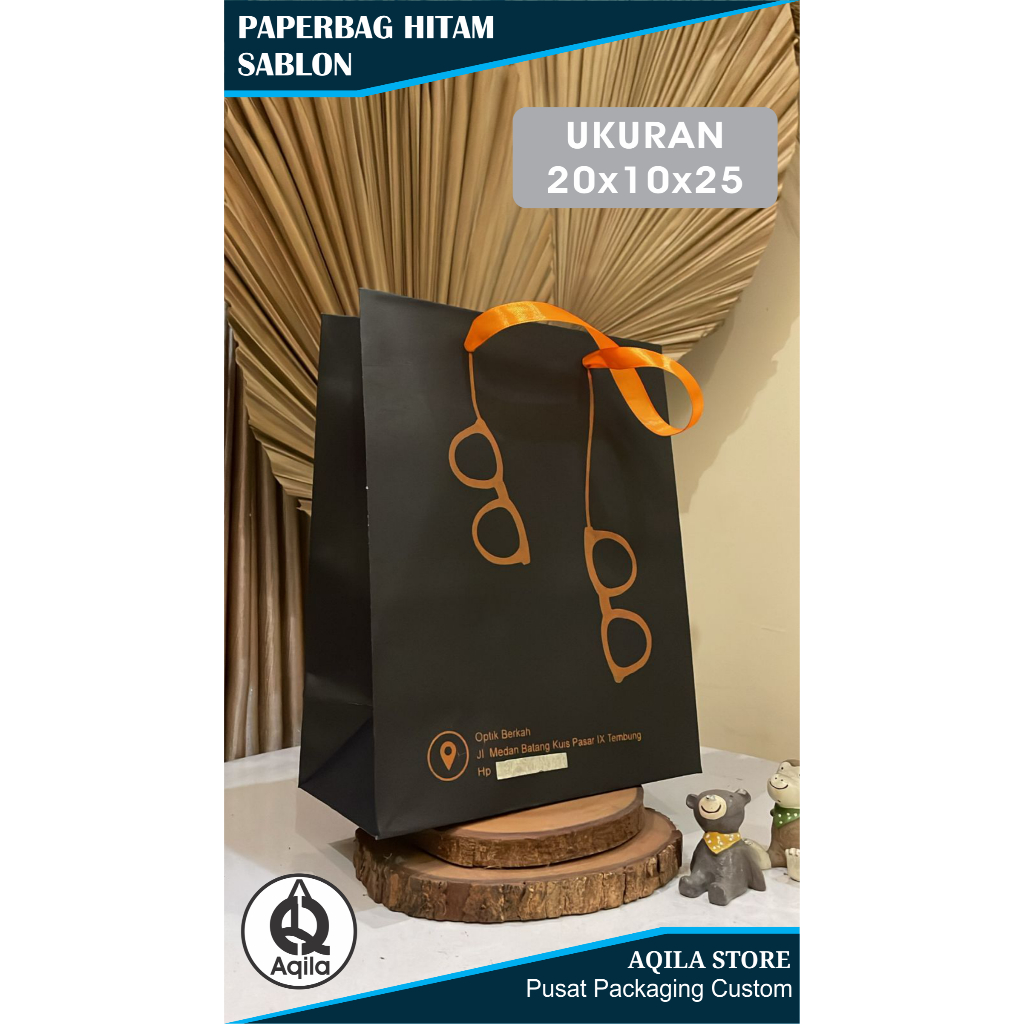 

Paperbag hitam custom bebas sablon 20x10x25 tali pita