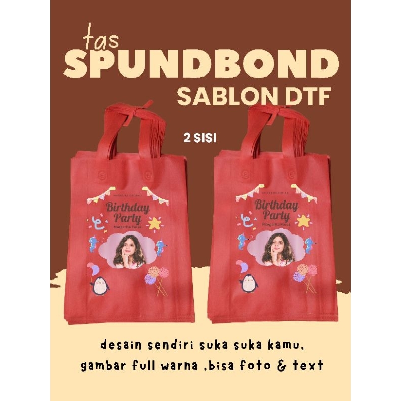 

TAS SPUNDBOND SABLON DTF ukuran 25x35x8 cm , TAS SPUNDBOND SABLON DTF Desain Suka - Suka KAMU gambar full warna bisa foto & text,tas spun