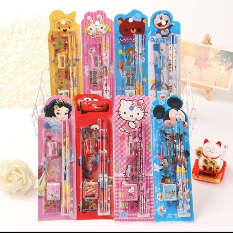 

Stationery Set 5 in 1 Alat Tulis Paket Anak Sekolah Penghapus penggaris Pensil Serutan Karakter Lucu