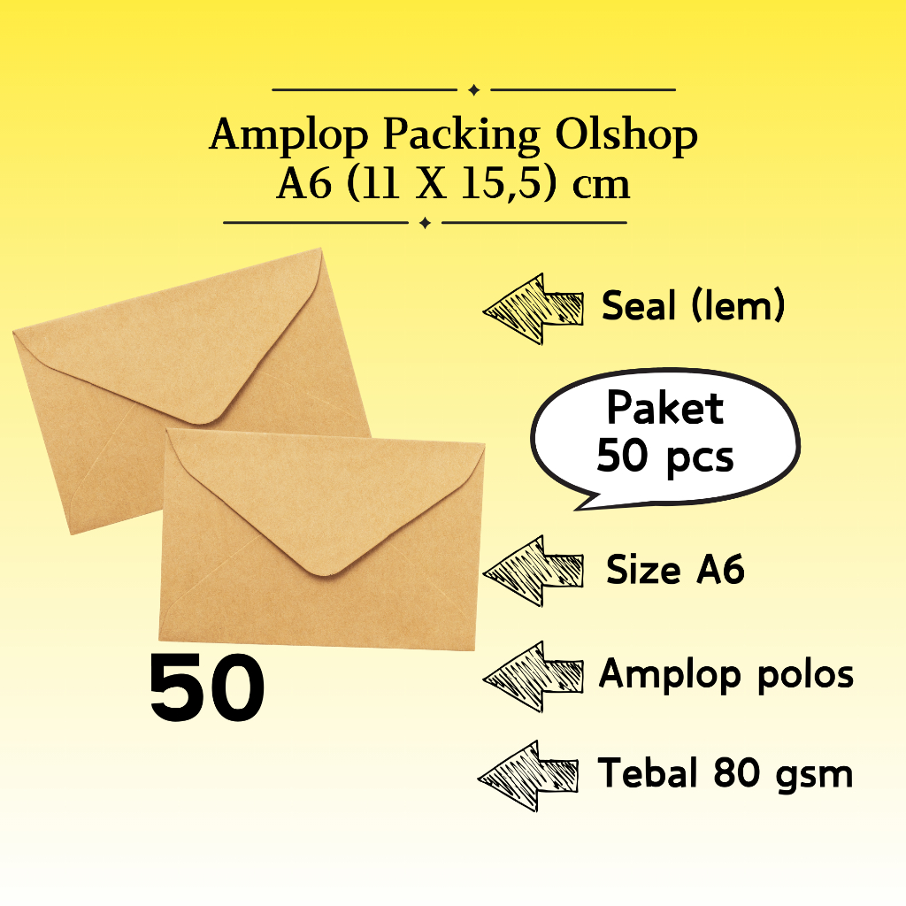 

50 Pcs Baronial - Amplop Packaging Kraft Potrait Amplop Klasik Coklat Polos Seal (Pakai Lem) A6 11 x 15,5 cm