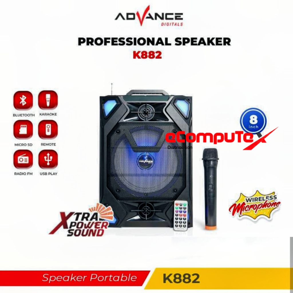 ADVANCE K 882 SPEAKER BLUETOOTH PORTABLE 8" INCH FREE 1 MICC ORIGINAL - GARANSI RESMI