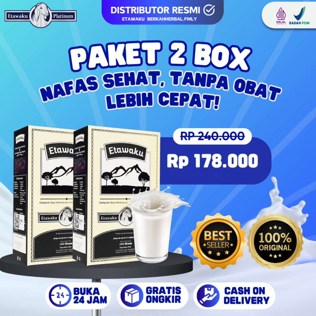 

Paket 2 Box Etawaku Platinum Original 100% - Susu Kambing Etawa Murni Atasi Sesak Nafas Lebih Cepat