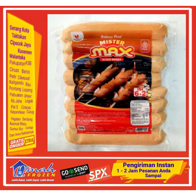 

Sosis Bakar Mister Max Jumbo 500g,isi 6+2,Sosbak Jumbo,Frozen Serang