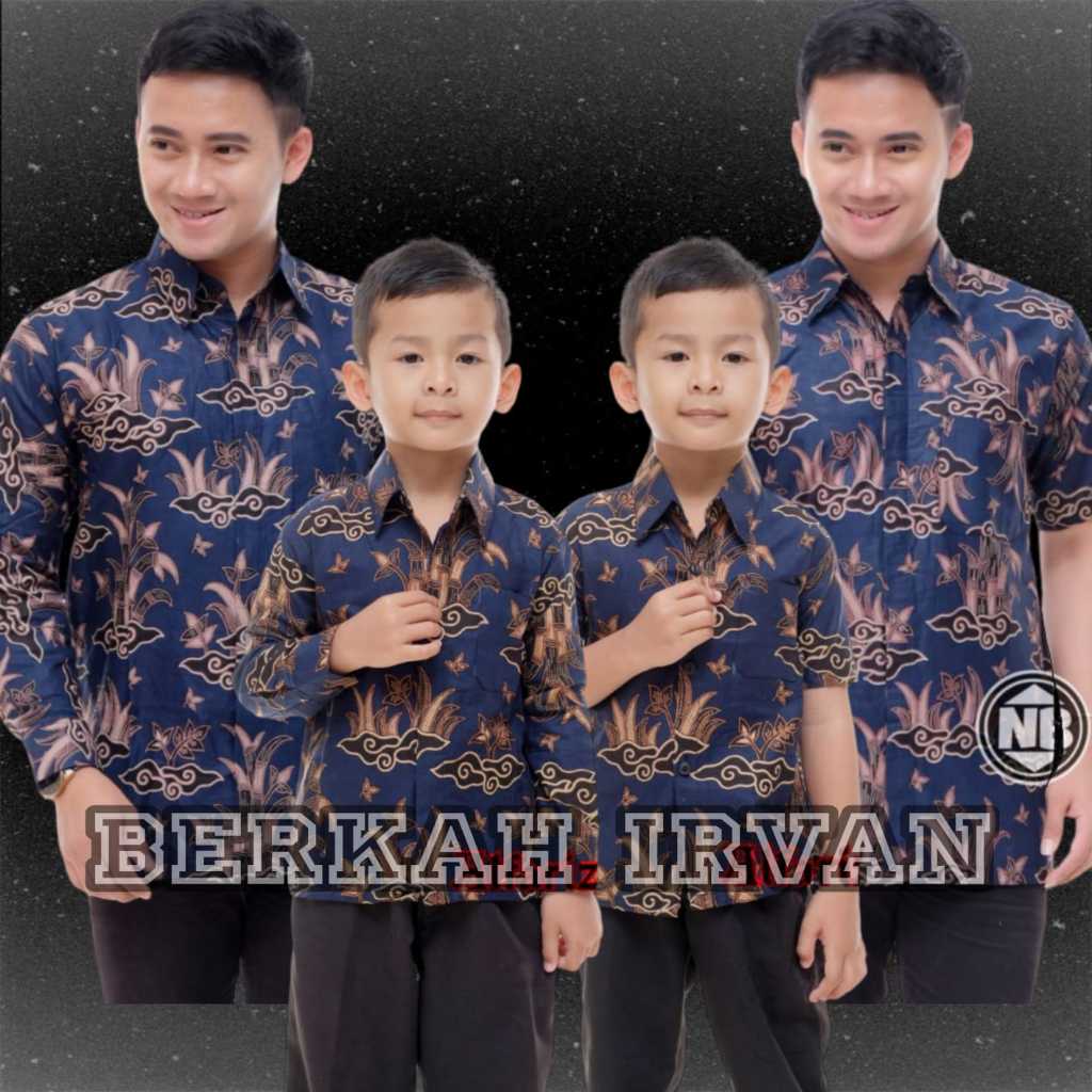 Kemeja Batik Anak Laki-laki Lengan Panjang Couple Batik Ayah dan Anak Cowok Warna Biru Navy Batik Mo